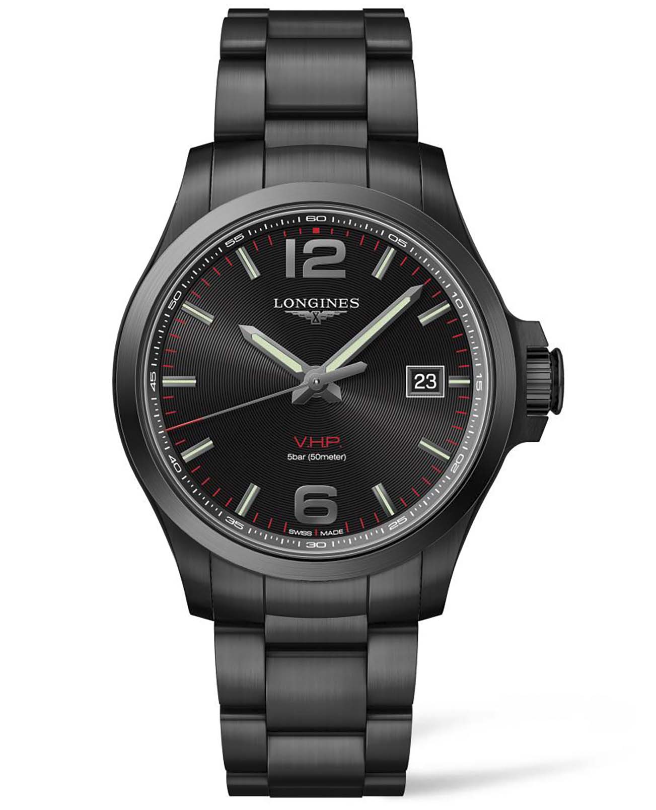 Longines Longines Conquest V.H.P. L3.726.2.56.6  L37262566 кварцевые мужские часы черный циферблат, браслет сталь c pvd покрытием — вид спереди